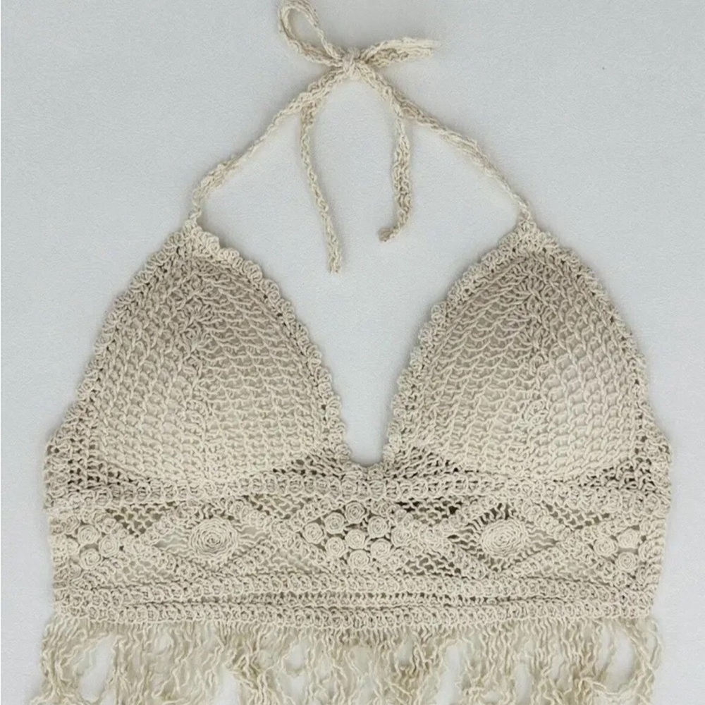 Boho festival whimsy fairy hippy Crochet Halter Top with fringe in Cream 34 B